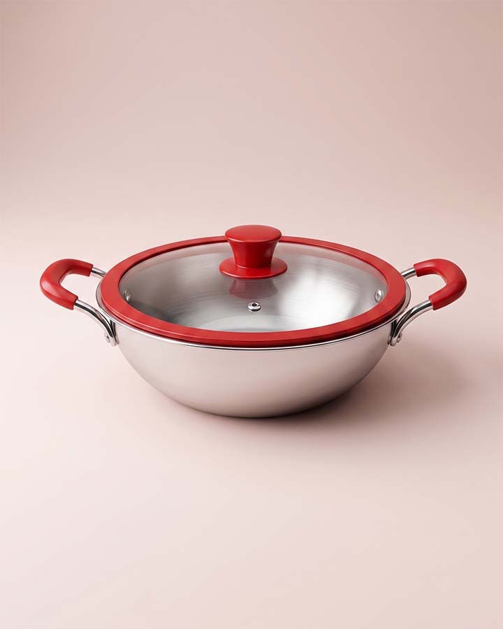 Salford Triply Stainless Steel Kadai with Glass Lid | Red Rim, Silver