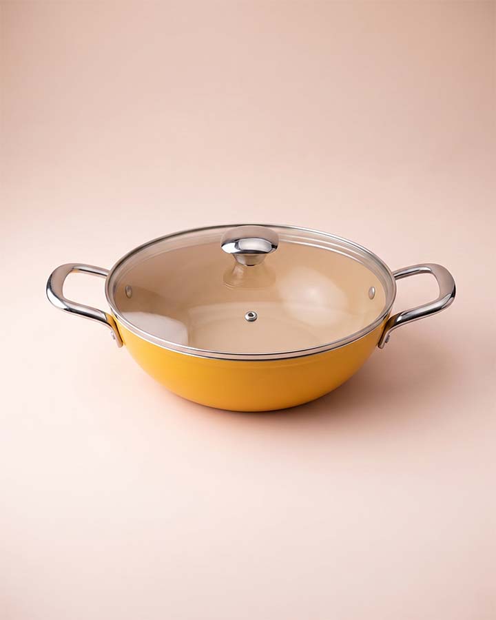 Salford Forged Ceramic Non-stick Kadai with Glass Lid | Mustard Yellow