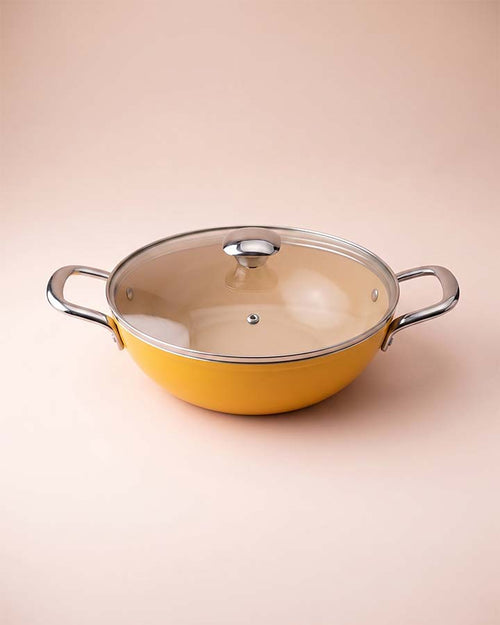 Salford Forged Ceramic Non-stick Kadai with Glass Lid | Mustard Yellow