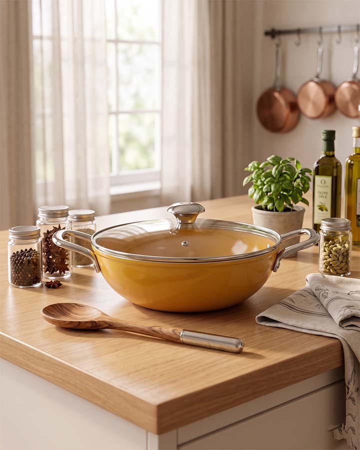 Salford Forged Ceramic Non-stick Kadai with Glass Lid | Mustard Yellow