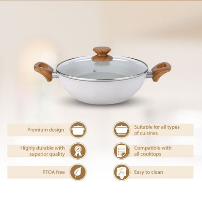 Salford Forged Non-stick Kadai with Glass Lid | White Spatter