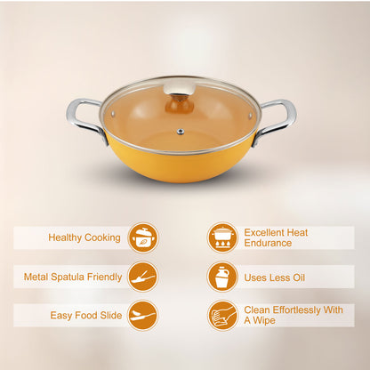 Salford Forged Ceramic Non-stick Kadai with Glass Lid | Mustard Yellow