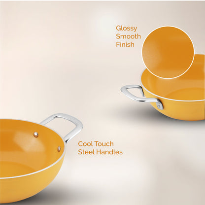 Salford Forged Ceramic Non-stick Kadai with Glass Lid | Mustard Yellow