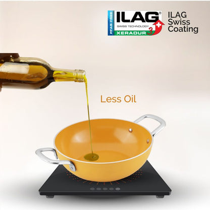 Salford Forged Ceramic Non-stick Kadai with Glass Lid | Mustard Yellow