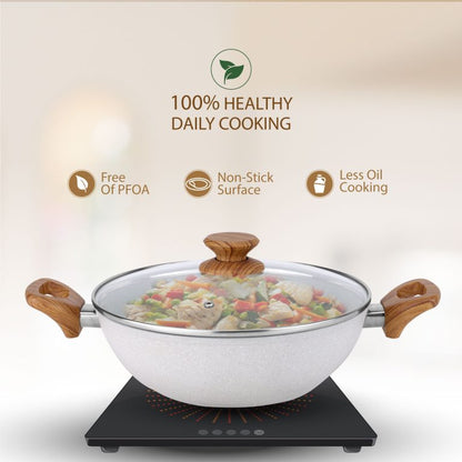 Salford Forged Non-stick Kadai with Glass Lid | White Spatter