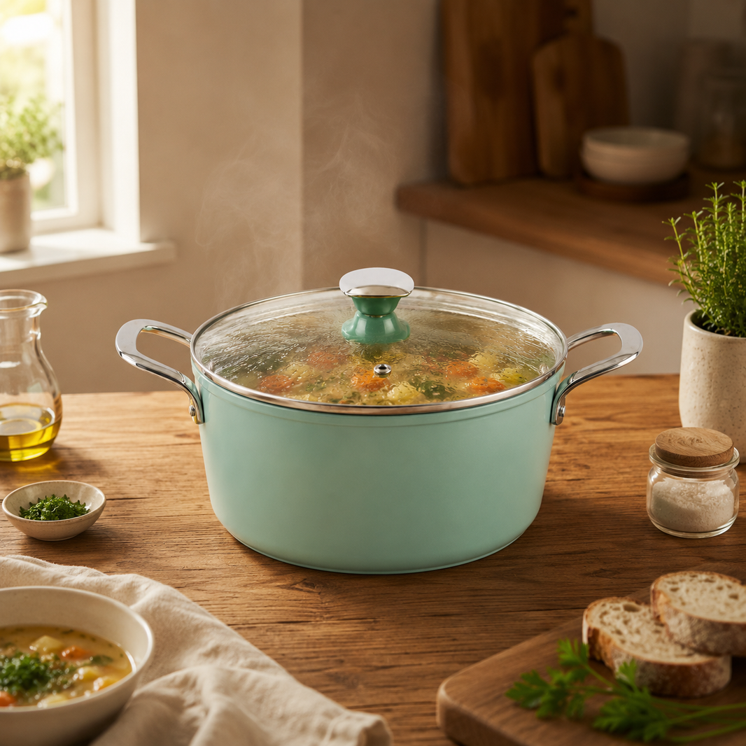 Salford Forged Ceramic Non-stick Casserole with Glass Lid | Green, 24 cm