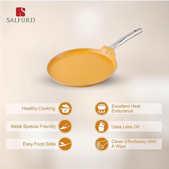 Salford Forged Ceramic Non-stick Dosa Tava features including healthy cooking, metal spatula friendly and easy food release