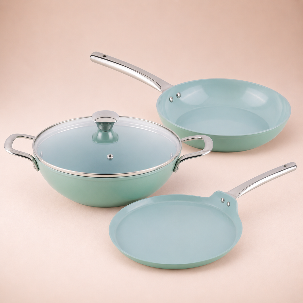 Salford Forged Ceramic Non-stick Kadai, Frypan, Tava & Glass Lid | Green, Set of 3