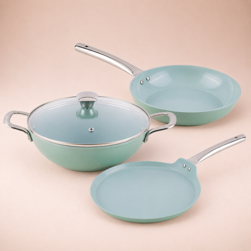 Salford Forged Ceramic Non-stick Kadai, Frypan, Tava & Glass Lid | Green, Set of 3