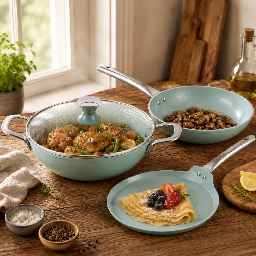 Salford Forged Ceramic Non-stick Kadai, Frypan, Tava & Glass Lid | Green, Set of 3