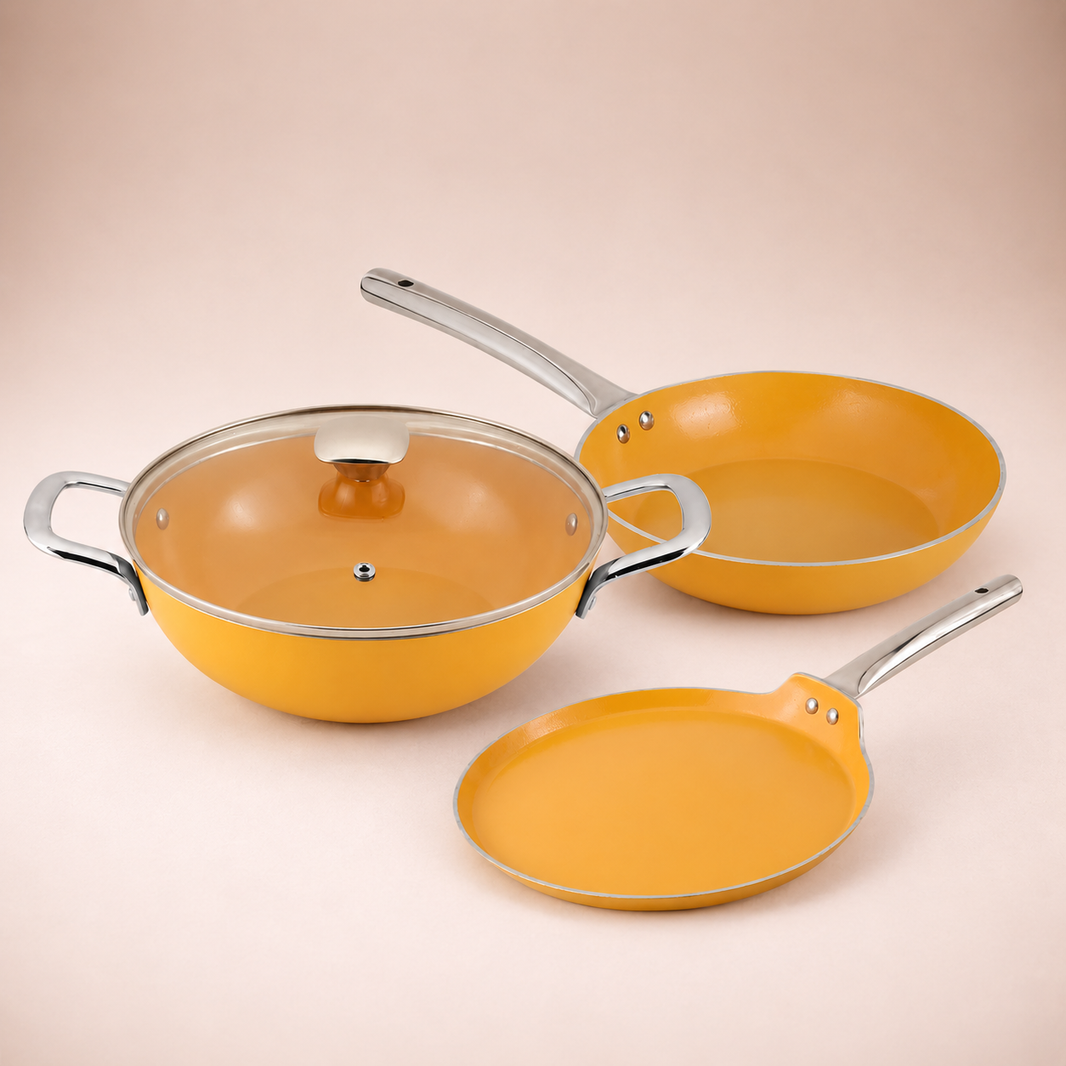 Salford Forged Ceramic Non-stick Kadai, Frypan, Tava & Glass Lid | Mustard Yellow, Set of 3