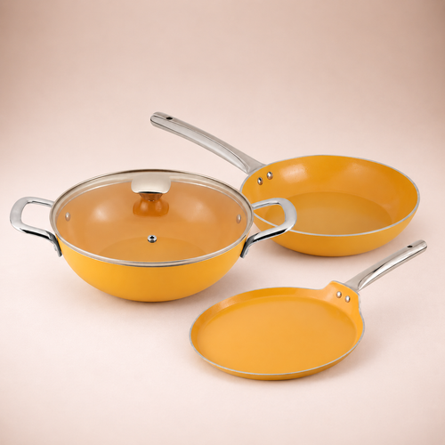Salford Forged Ceramic Non-stick Kadai, Frypan, Tava & Glass Lid | Mustard Yellow, Set of 3