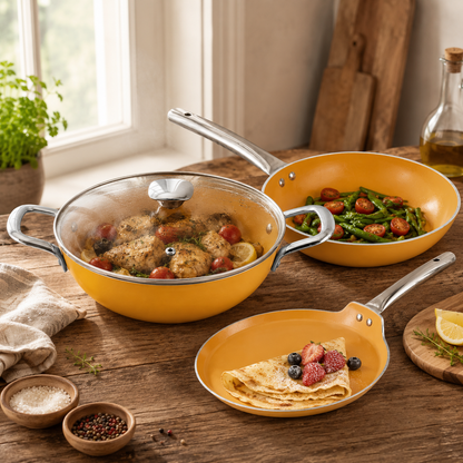 Salford Forged Ceramic Non-stick Kadai, Frypan, Tava & Glass Lid | Mustard Yellow, Set of 3
