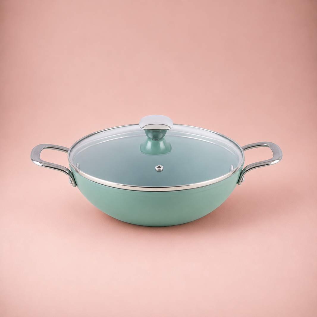 Salford Forged Ceramic Non-stick Kadai with Glass Lid