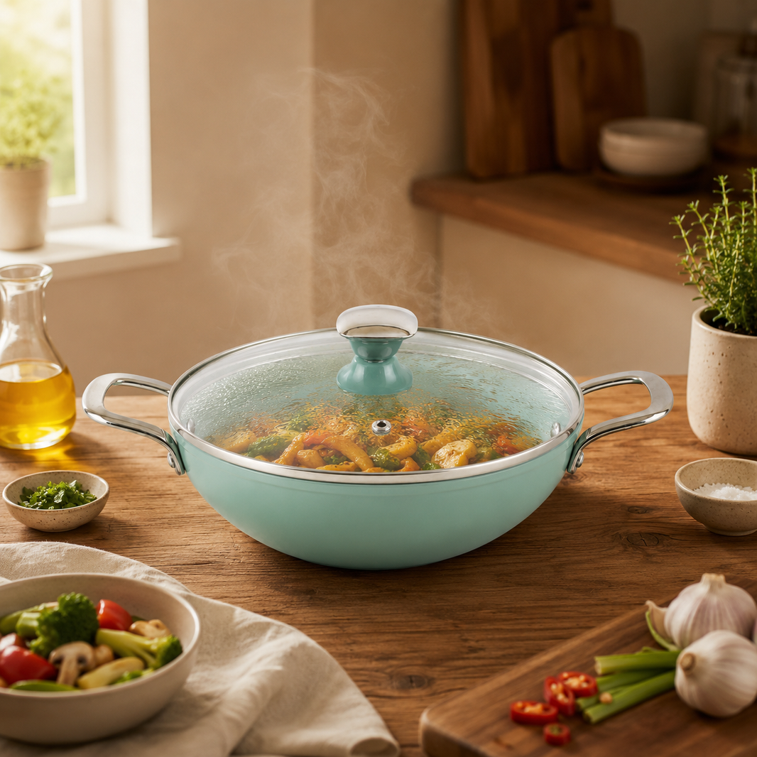 Salford Forged Ceramic Non-stick Kadai with Glass Lid