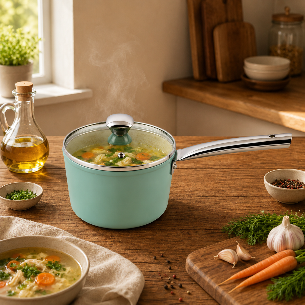 Salford Forged Ceramic Non-stick Saucepan with Glass Lid | Green, 16 cm