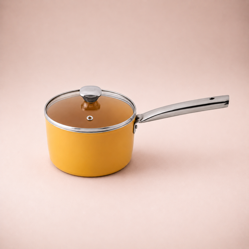Salford Forged Ceramic Non-stick Saucepan with Glass Lid | Mustard Yellow, 16 cm