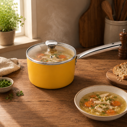 Salford Forged Ceramic Non-stick Saucepan with Glass Lid | Mustard Yellow, 16 cm
