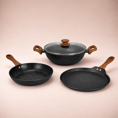 Salford Forged Non-stick Kadai, Frypan, Tava & Glass Lid | Black Marble, Set of 3