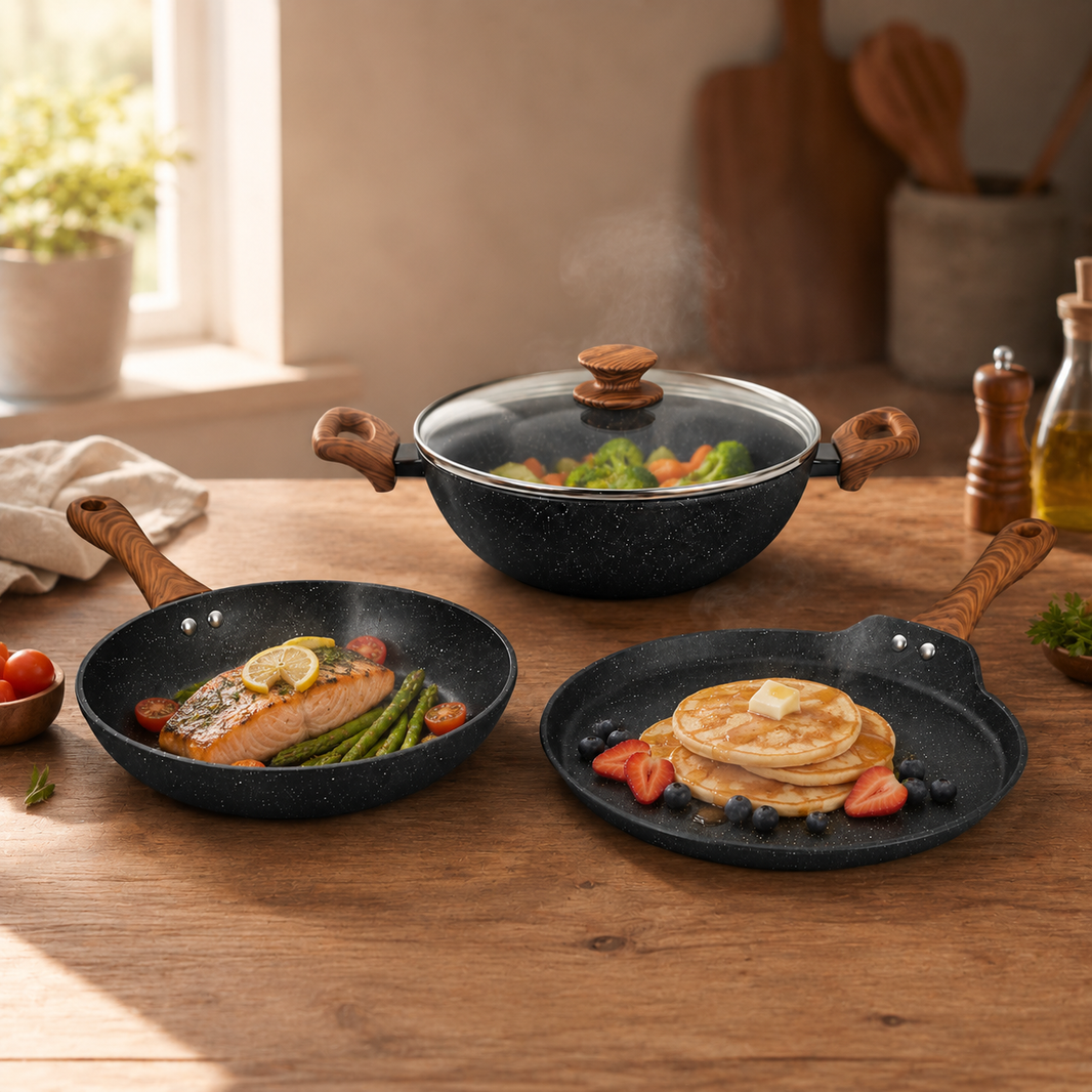 Salford Forged Non-stick Kadai, Frypan, Tava & Glass Lid | Black Marble, Set of 3