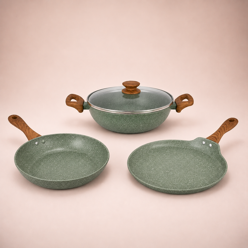 Salford Forged Non-stick Kadai, Frypan, Tava & Glass Lid | Moss Green, Set of 3