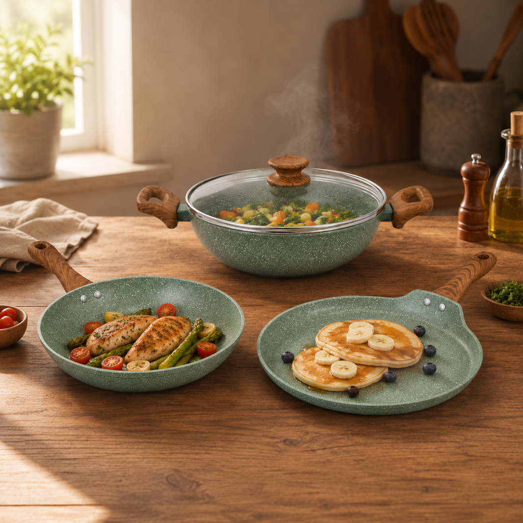 Salford Forged Non-stick Kadai, Frypan, Tava & Glass Lid | Moss Green, Set of 3
