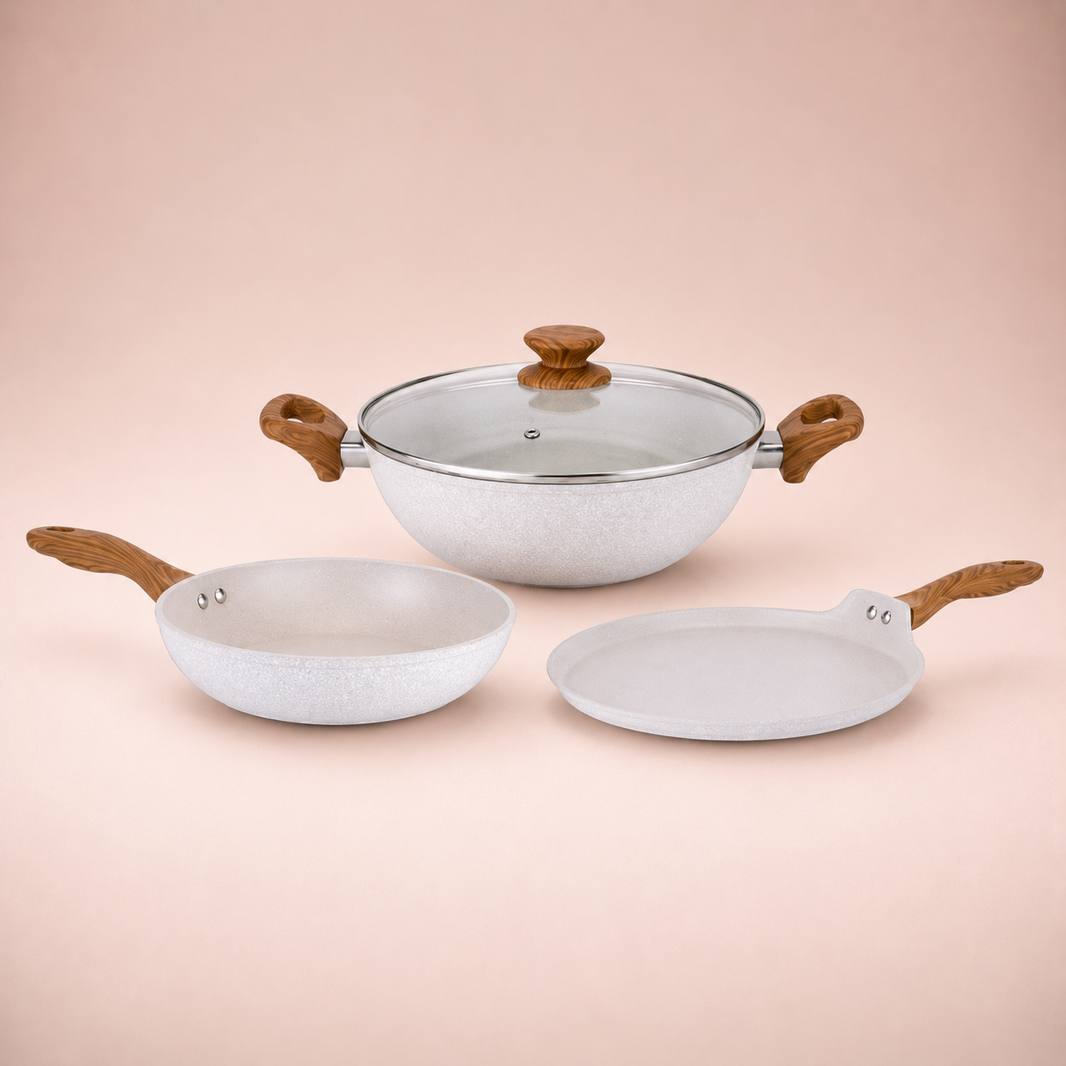 Salford Forged Non-stick Kadai, Frypan, Tava & Glass Lid | White Spatter, Set of 3