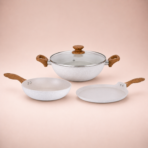 Salford Forged Non-stick Kadai, Frypan, Tava & Glass Lid | White Spatter, Set of 3