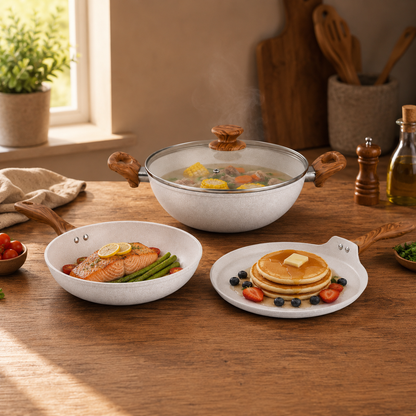 Salford Forged Non-stick Kadai, Frypan, Tava & Glass Lid | White Spatter, Set of 3