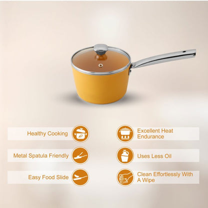Salford Forged Ceramic Non-stick Saucepan with Glass Lid | Mustard Yellow, 16 cm