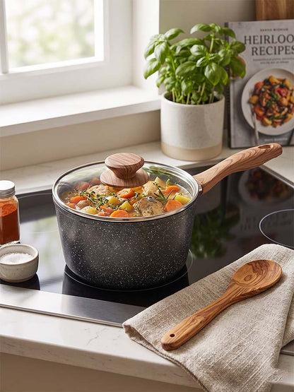 Salford Forged Non-stick Saucepan with Glass Lid | Black Marble, 16 cm