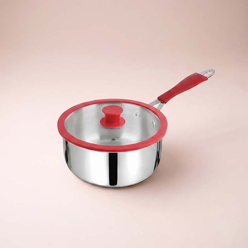 Salford Triply Stainless Steel Saucepan with Glass Lid | Red Rim, Silver, 16 cm