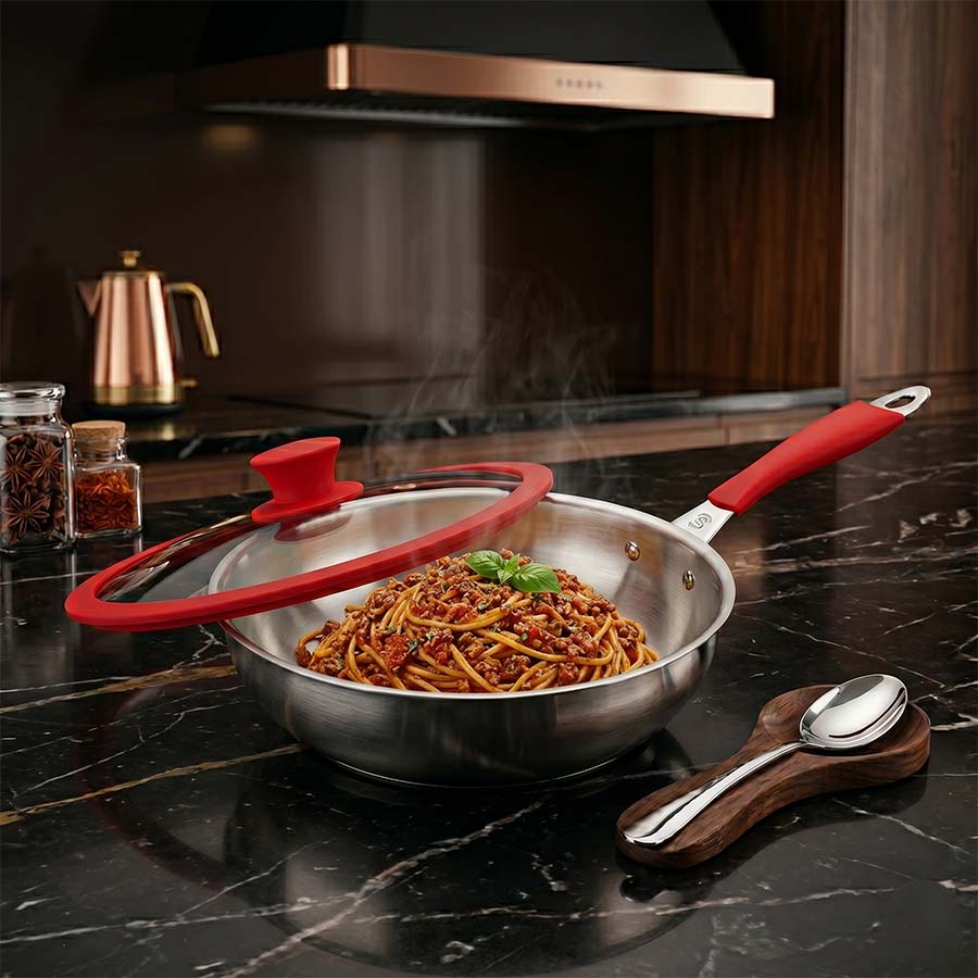 Salford Triply Stainless Steel Frypan with Glass Lid | Red Rim, Silver, 24 cm