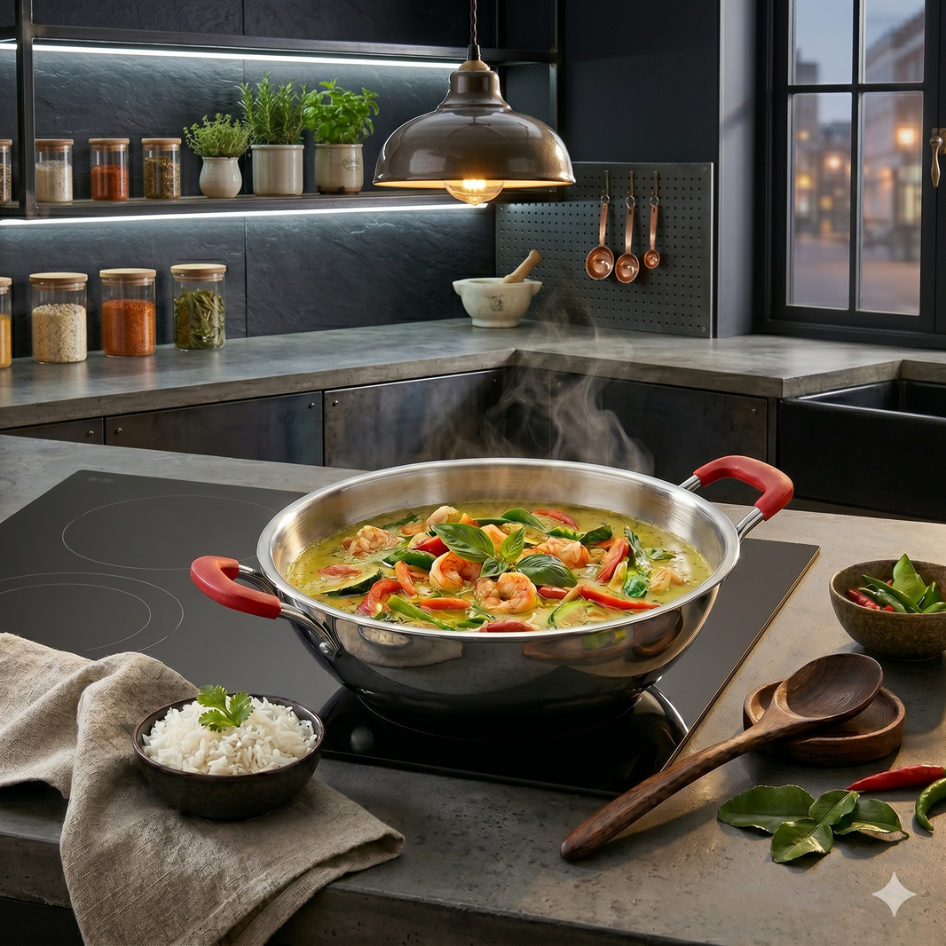 Salford Triply Stainless Steel Kadai with Glass Lid | Red Rim, Silver