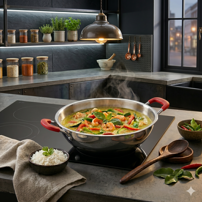 Salford Triply Stainless Steel Kadai with Glass Lid | Red Rim, Silver