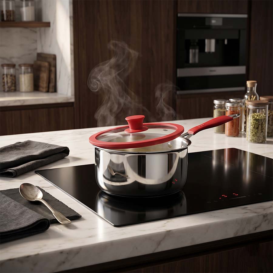 Salford Triply Stainless Steel Saucepan with Glass Lid | Red Rim, Silver, 16 cm