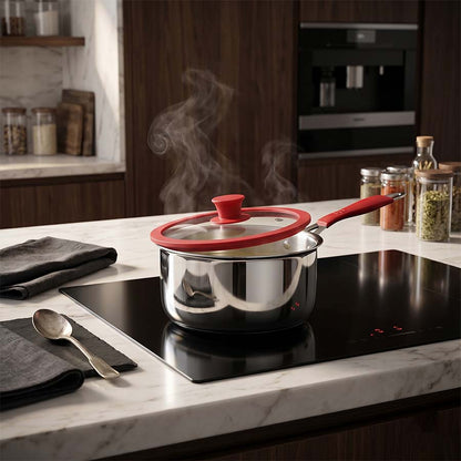 Salford Triply Stainless Steel Saucepan with Glass Lid | Red Rim, Silver, 16 cm