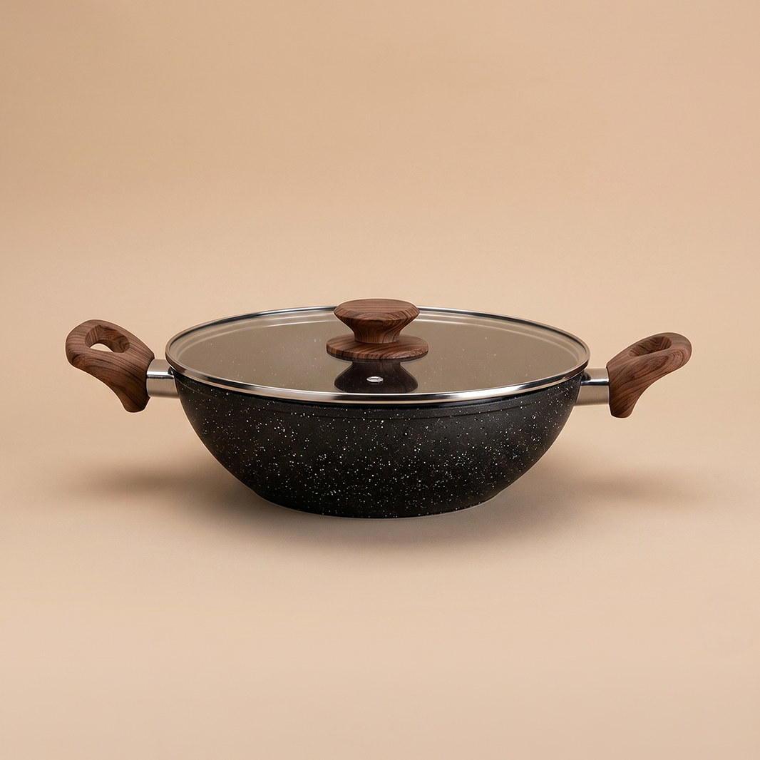 Salford Forged Non-stick Kadai with Glass Lid | Black Marble