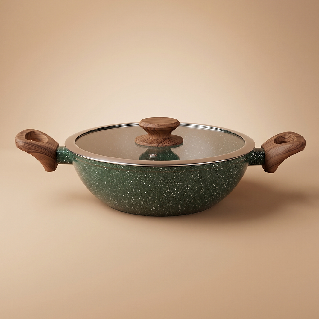 Salford Forged Non-stick Kadai with Glass Lid | Moss Green