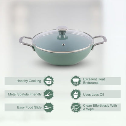 Salford Forged Ceramic Non-stick Kadai, Frypan, Tava & Glass Lid | Green, Set of 3