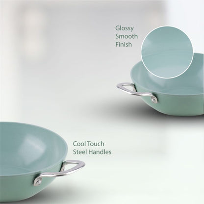 Salford Forged Ceramic Non-stick Kadai, Frypan, Tava & Glass Lid | Green, Set of 3