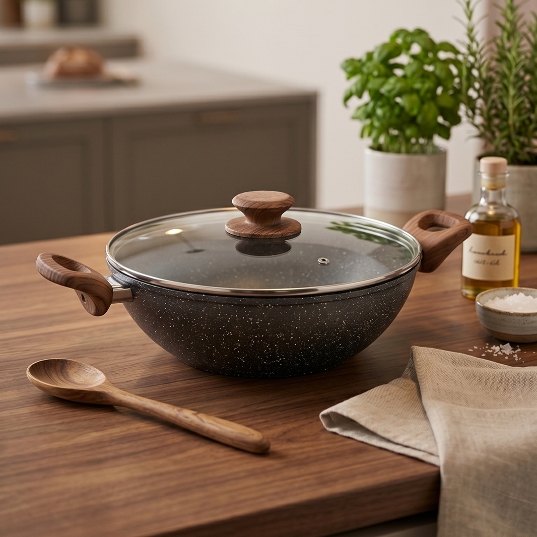 Salford Forged Non-stick Kadai with Glass Lid | Black Marble