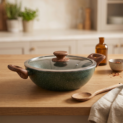 Salford Forged Non-stick Kadai with Glass Lid | Moss Green