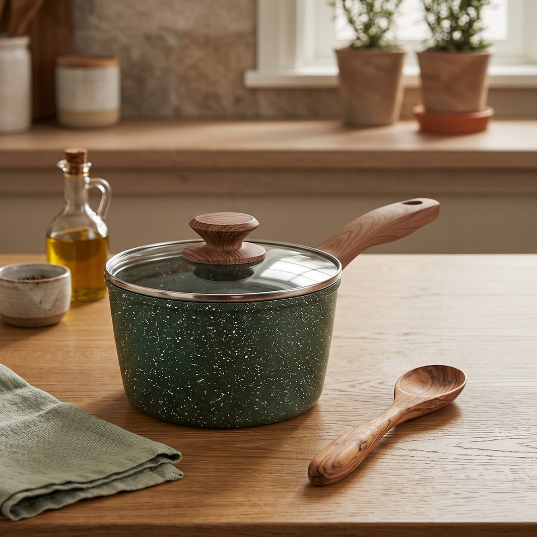 Salford Forged Non-stick Saucepan with Glass Lid | Moss Green, 16 cm