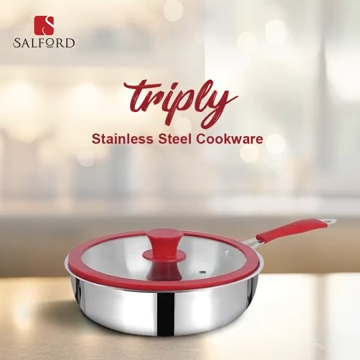 Salford Triply Stainless Steel Frypan with Glass Lid | Red Rim, Silver, 24 cm